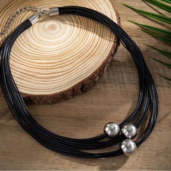 Multilayer Silver Black Ball Statement Necklace - Picture 4 of 9